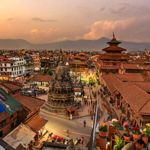 Kathmandu, Nepal – October 19, 2015 : Sunset over Patan Durbar Square in Nepal.